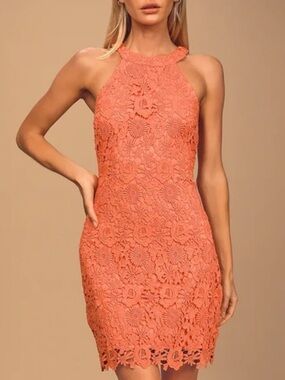 Lulus Love Poem Formal Coral Orange Lace Mini Dress, Medium